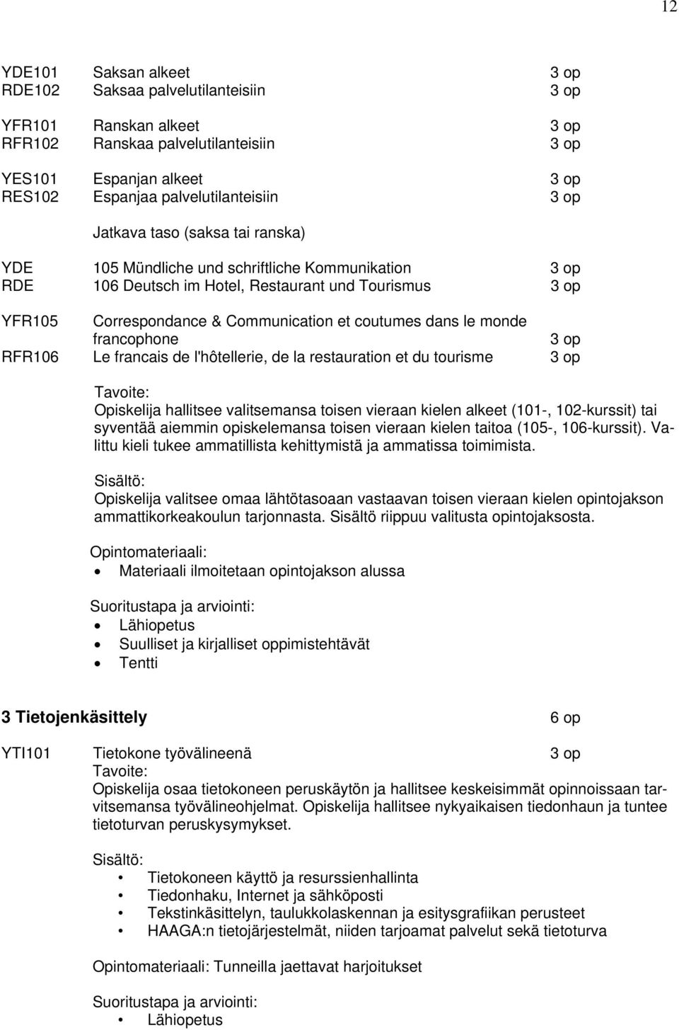 dans le monde francophone 3 op RFR106 Le francais de l'hôtellerie, de la restauration et du tourisme 3 op Opiskelija hallitsee valitsemansa toisen vieraan kielen alkeet (101-, 102-kurssit) tai