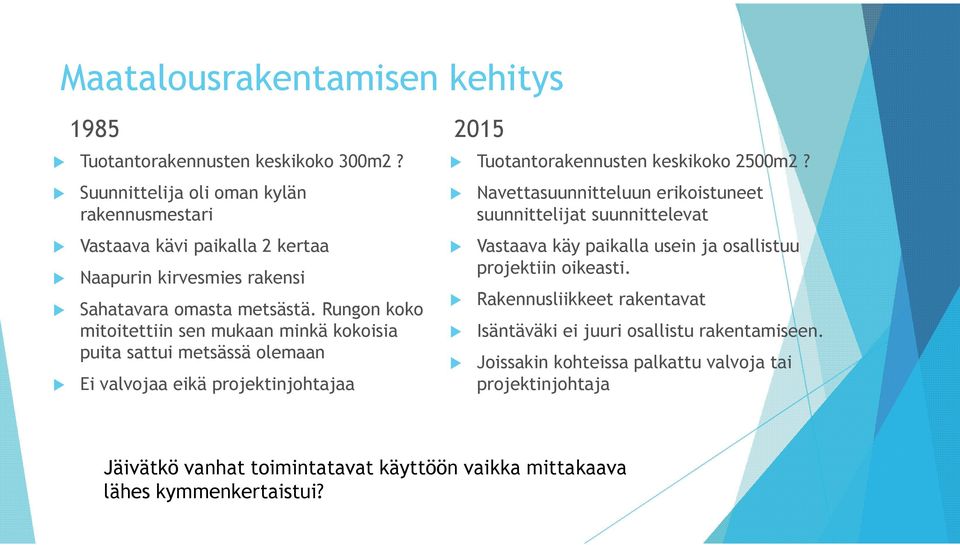 Rungon koko mitoitettiin sen mukaan minkä kokoisia puita sattui metsässä olemaan Ei valvojaa eikä projektinjohtajaa 2015 Tuotantorakennusten keskikoko 2500m2?