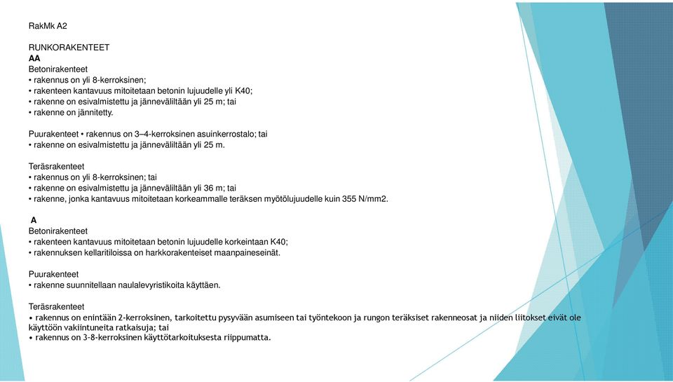 Teräsrakenteet rakennus on yli 8-kerroksinen; tai rakenne on esivalmistettu ja jänneväliltään yli 36 m; tai rakenne, jonka kantavuus mitoitetaan korkeammalle teräksen myötölujuudelle kuin 355 N/mm2.