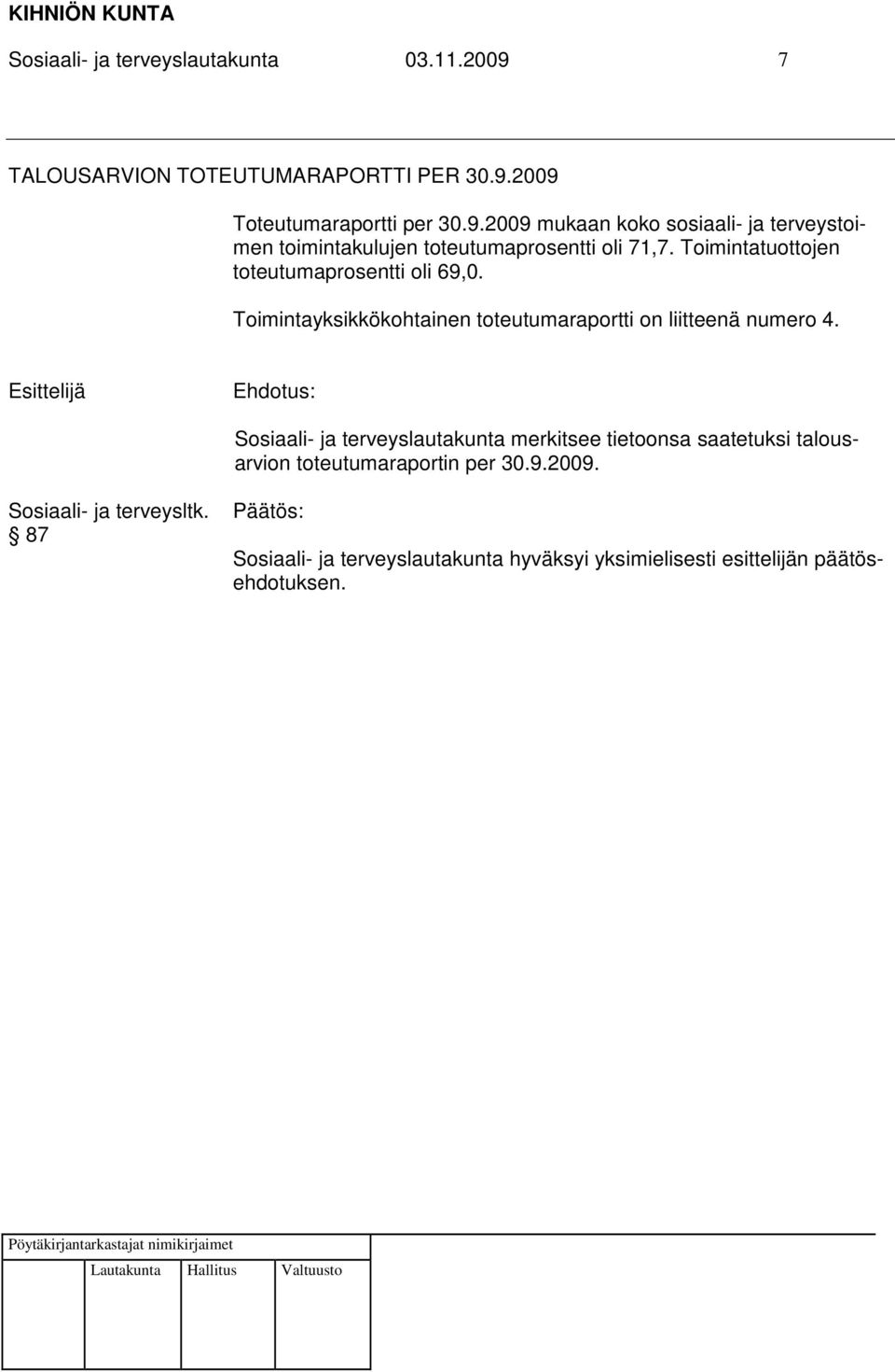 Toimintatuottojen toteutumaprosentti oli 69,0.