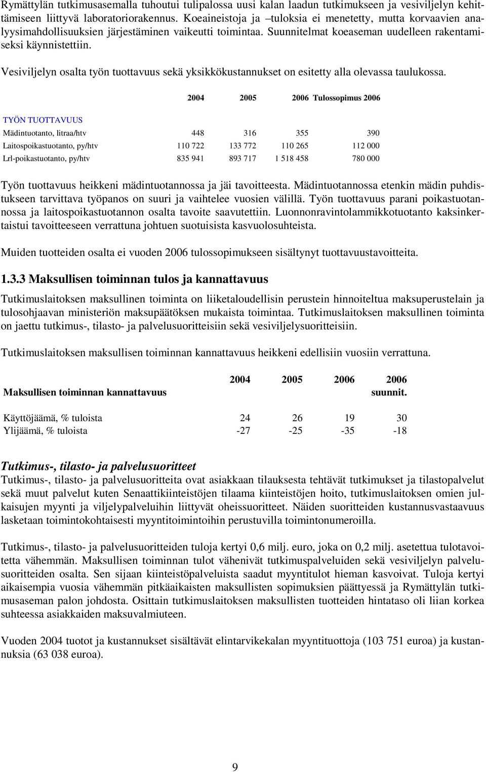 Vesiviljelyn osalta työn tuottavuus sekä yksikkökustannukset on esitetty alla olevassa taulukossa.