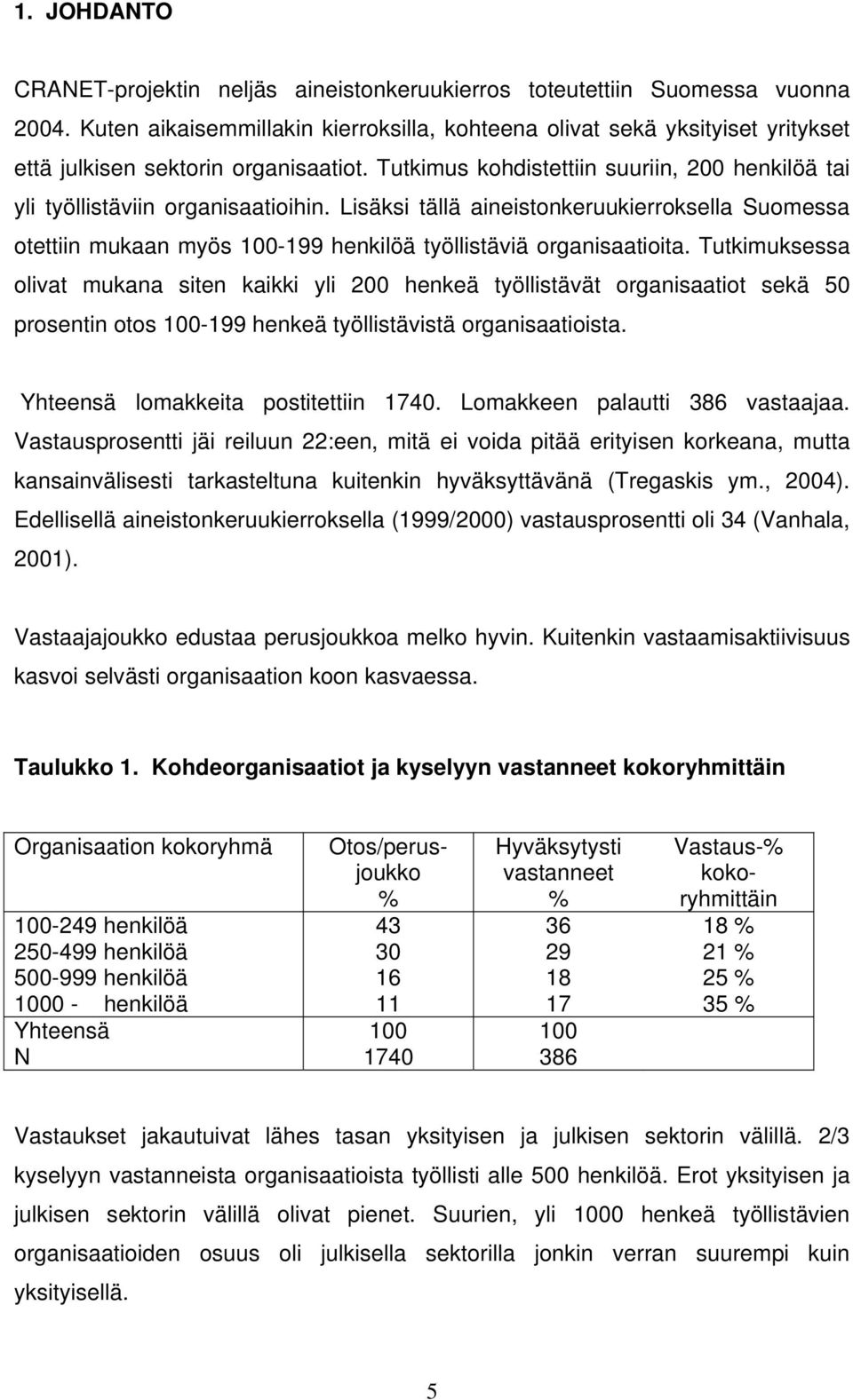 Tutkimus kohdistettiin suuriin, 200 henkilöä tai yli työllistäviin organisaatioihin. Lisäksi tällä aineistonkeruukierroksella Suomessa otettiin mukaan myös -199 henkilöä työllistäviä organisaatioita.