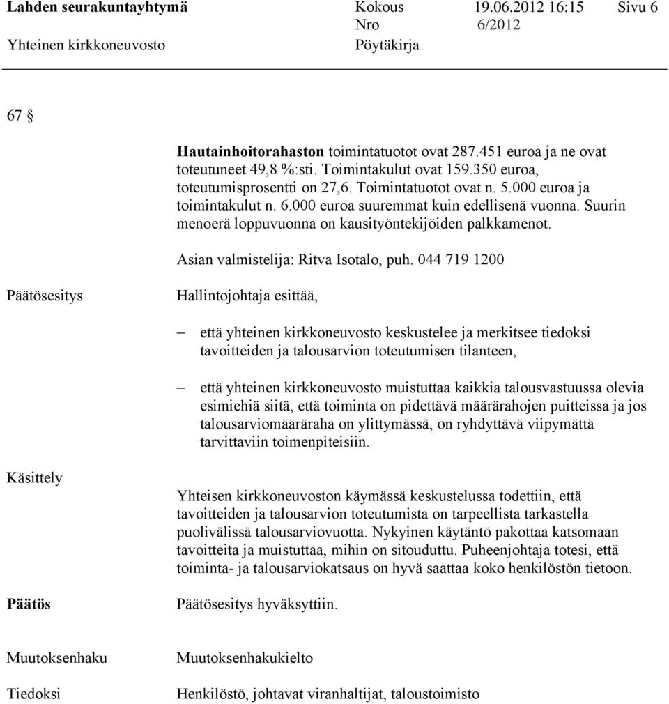 044 719 1200 esitys Hallintojohtaja esittää, että yhteinen kirkkoneuvosto keskustelee ja merkitsee tiedoksi tavoitteiden ja talousarvion toteutumisen tilanteen, että yhteinen kirkkoneuvosto