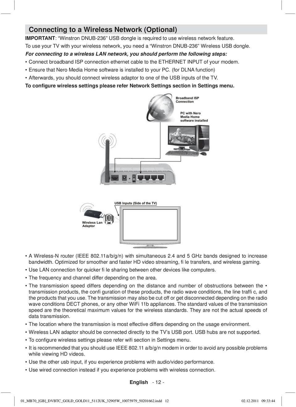 For connecting to a wireless LAN network, you should perform the following steps: Connect broadband ISP connection ethernet cable to the ETHERNET INPUT of your modem.