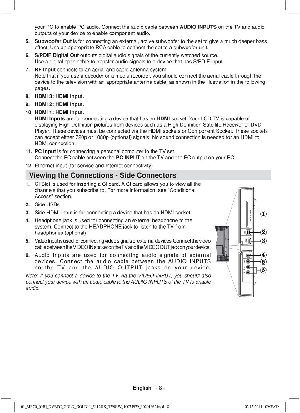 S/PDIF Digital Out outputs digital audio signals of the currently watched source. Use a digital optic cable to transfer audio signals to a device that has S/PDIF input. 7.