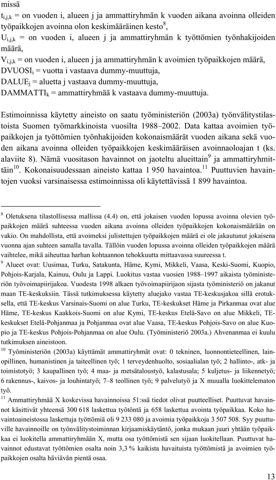 DAMMATTI k = ammattiryhmää k vastaava dummy-muuttuja. Estimoinnissa käytetty aineisto on saatu työministeriön (2003a) työnvälitystilastoista Suomen työmarkkinoista vuosilta 1988 2002.