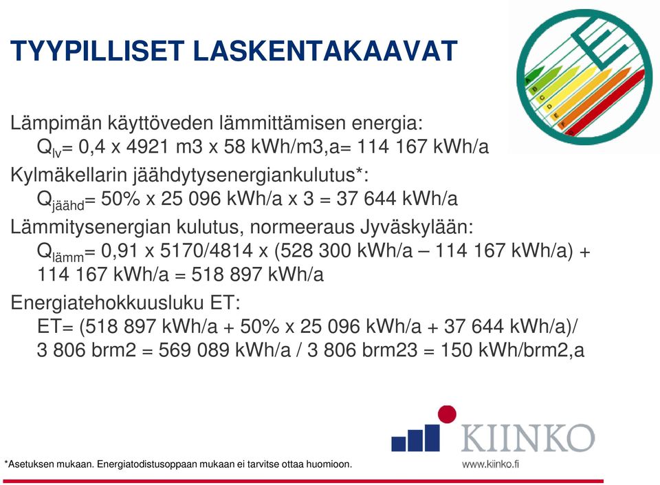 5170/4814 x (528 300 kwh/a 114 167 kwh/a) + 114 167 kwh/a = 518 897 kwh/a Energiatehokkuusluku ET: ET= (518 897 kwh/a + 50% x 25 096 kwh/a +