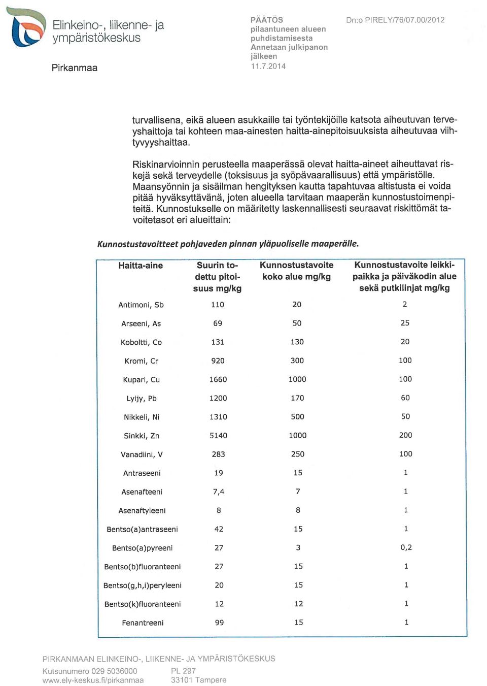 Maansyönnin ja sisäilman hengityksen kautta tapahtuvaa altistusta ei voida pitää hyväksyttävänä, joten alueella tarvitaan maaperän kunnostustoimenpi teitä.