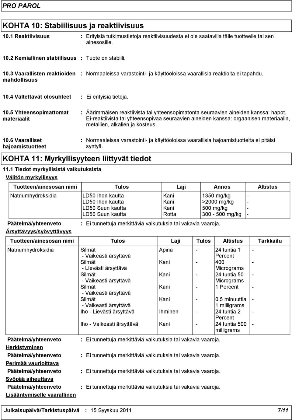 4 Vältettävät olosuhteet Ei erityisiä tietoja. 10.5 Yhteensopimattomat materiaalit Äärimmäisen reaktiivista tai yhteensopimatonta seuraavien aineiden kanssa hapot.