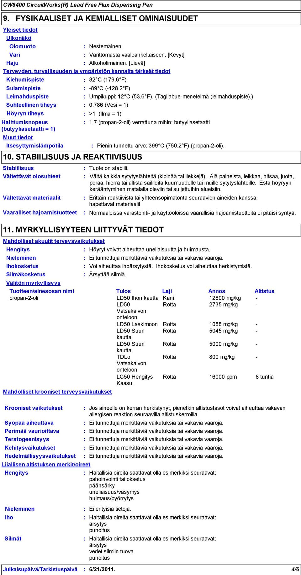 [Lievä] Terveyden, turvallisuuden ja ympäristön kannalta tärkeät tiedot Muut tiedot Vältettävät olosuhteet Vaaralliset hajoamistuotteet 82 C (179.6 F) 89 C (128.2 F) Umpikuppi 12 C (53.6 F). (Tagliabuemenetelmä (leimahduspiste).