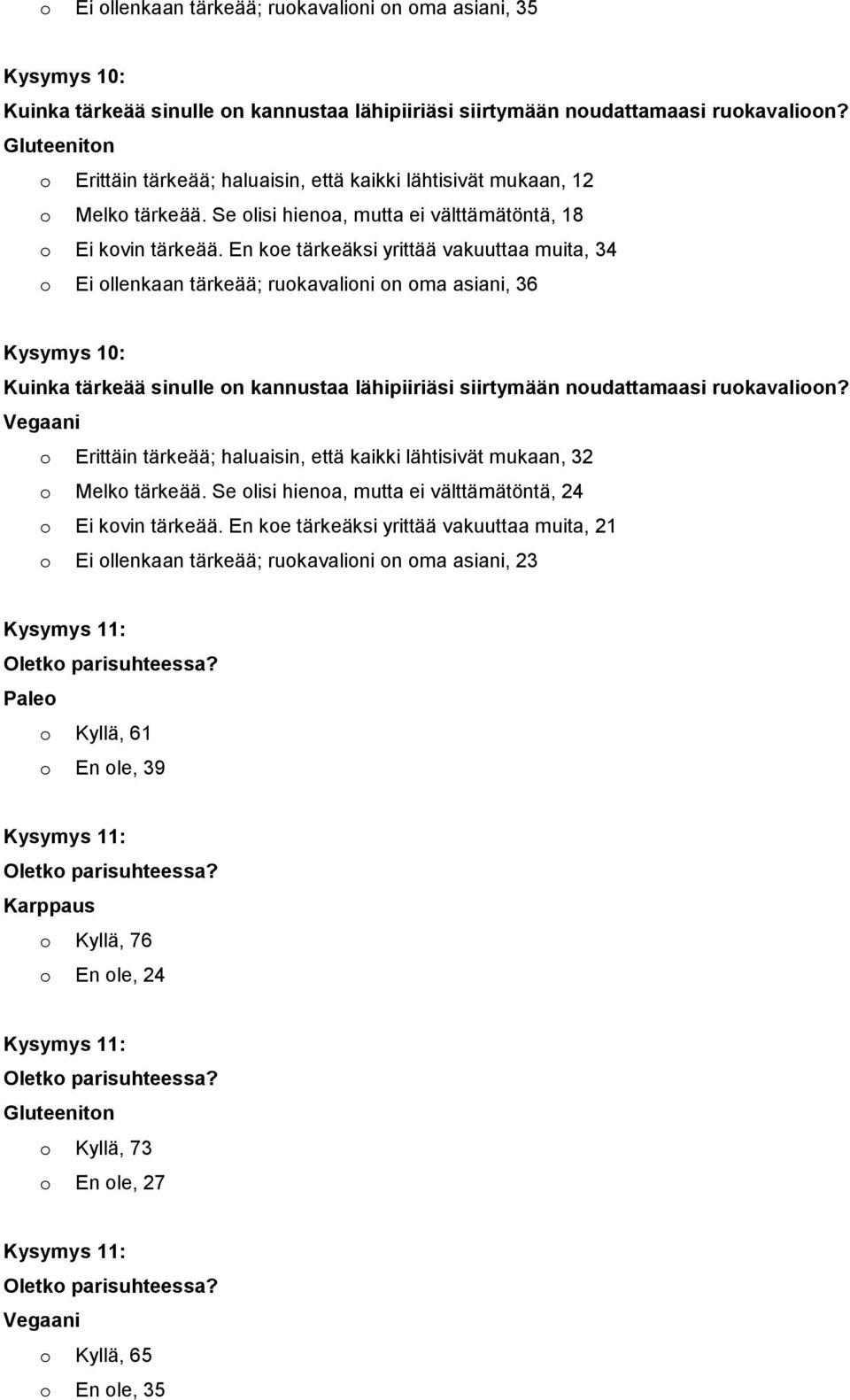 En koe tärkeäksi yrittää vakuuttaa muita, 34 o Ei ollenkaan tärkeää; ruokavalioni on oma asiani, 36 Kysymys 10: Kuinka tärkeää sinulle on kannustaa lähipiiriäsi siirtymään noudattamaasi ruokavalioon?