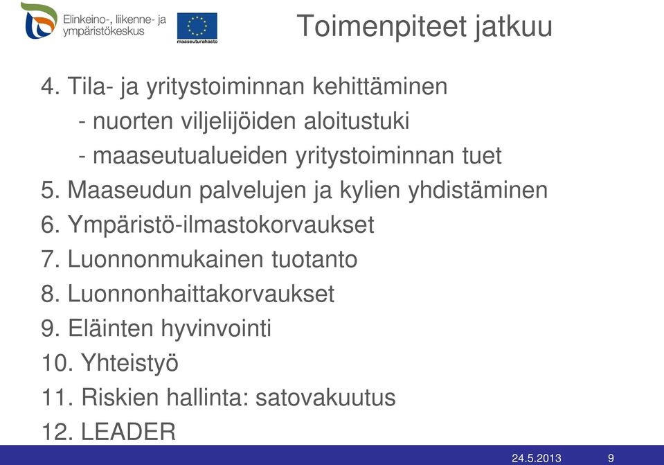 maaseutualueiden yritystoiminnan tuet 5. Maaseudun palvelujen ja kylien yhdistäminen 6.