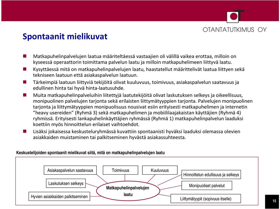 Asiakaspalvelun saatavuus Toimivuus Kuuluvuus Hinnoittelun edullisuus ja selkeys Laskutuksen selkeys