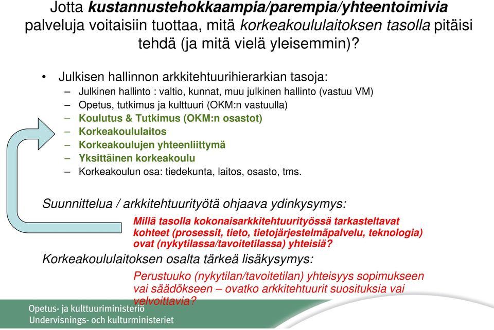 osastot) Korkeakoululaitos Korkeakoulujen yhteenliittymä Yksittäinen korkeakoulu Korkeakoulun osa: tiedekunta, laitos, osasto, tms.