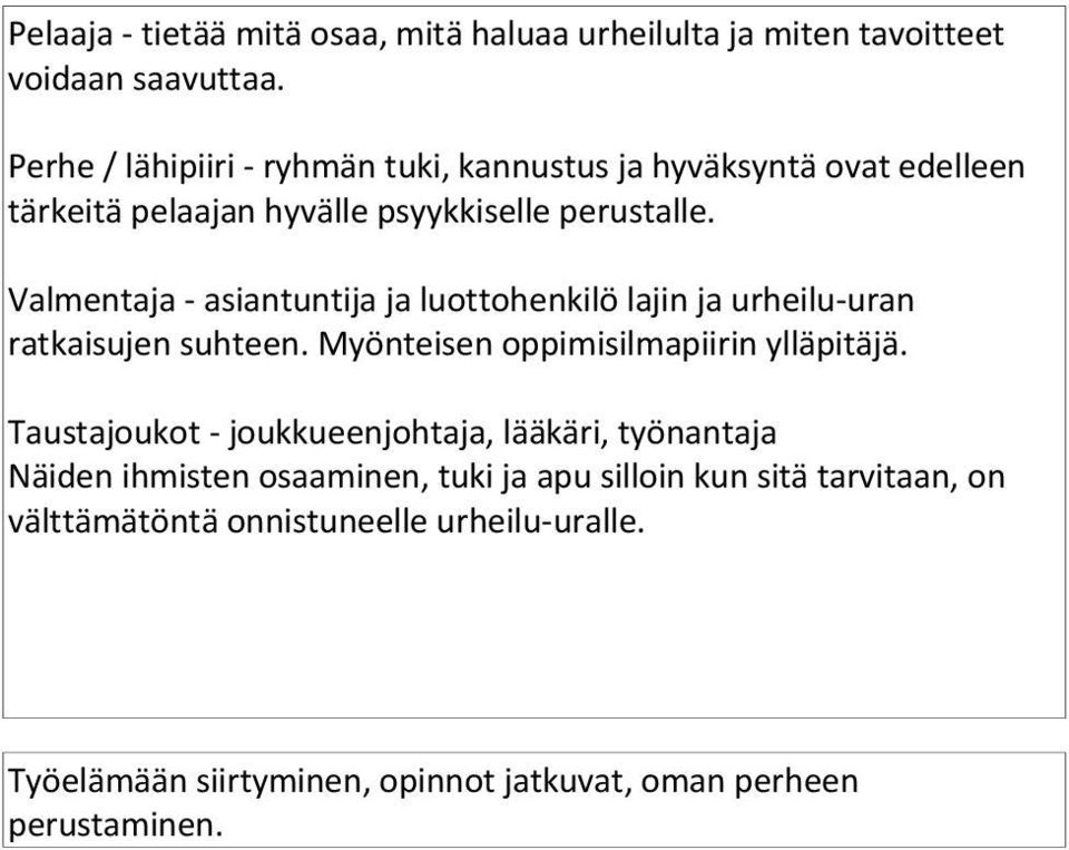 Valmentaja - asiantuntija ja luottohenkilö lajin ja urheilu-uran ratkaisujen suhteen. Myönteisen oppimisilmapiirin ylläpitäjä.