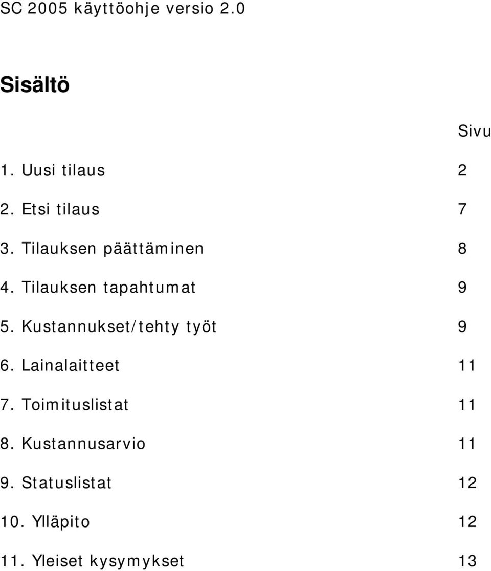 Kustannukset/tehty työt 9 6. Lainalaitteet 11 7. Toimituslistat 11 8.