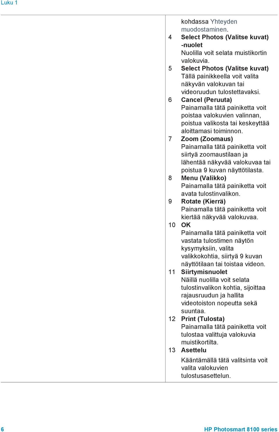 6 Cancel (Peruuta) Painamalla tätä painiketta voit poistaa valokuvien valinnan, poistua valikosta tai keskeyttää aloittamasi toiminnon.