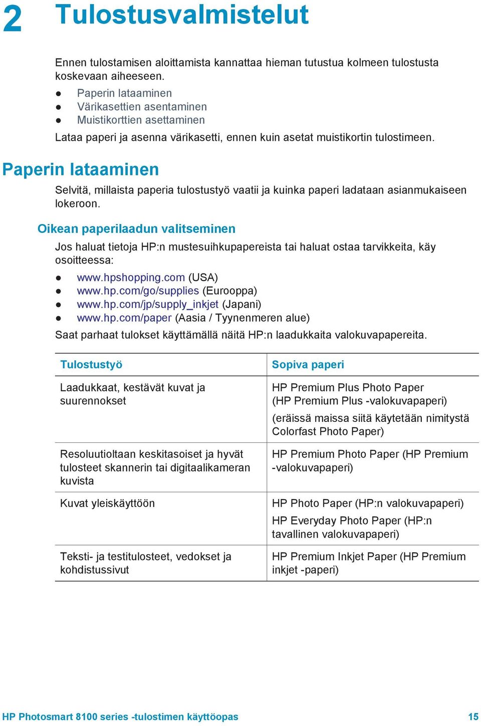 Paperin lataaminen Selvitä, millaista paperia tulostustyö vaatii ja kuinka paperi ladataan asianmukaiseen lokeroon.