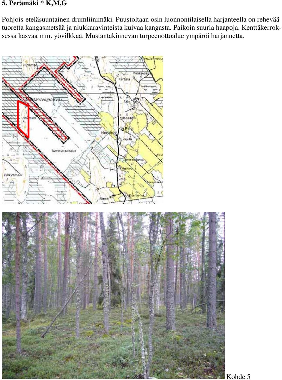 kangasmetsää ja niukkaravinteista kuivaa kangasta. Paikoin suuria haapoja.