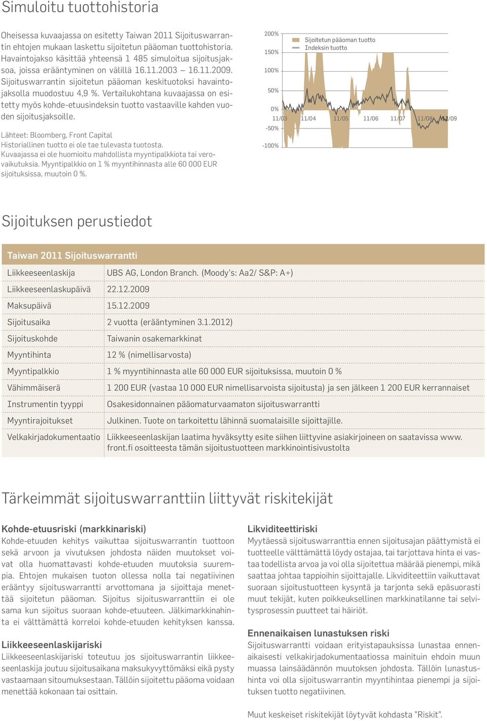 Sijoituswarrantin sijoitetun pääoman keskituotoksi havaintojaksolla muodostuu 4,9 %. Vertailukohtana kuvaajassa on esitetty myös kohde-etuusindeksin tuotto vastaaville kahden vuoden sijoitusjaksoille.