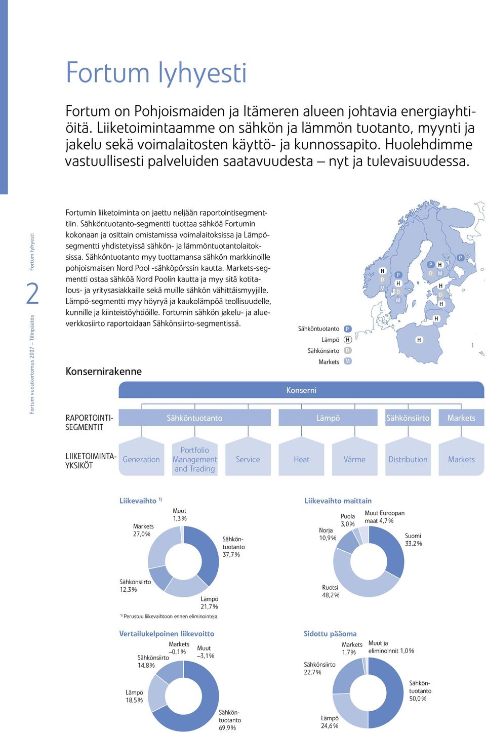 Sähköntuotanto-segmentti tuottaa sähköä Fortumin kokonaan ja osittain omistamissa voimalaitoksissa ja Lämpösegmentti yhdistetyissä sähkön- ja lämmöntuotantolaitoksissa.