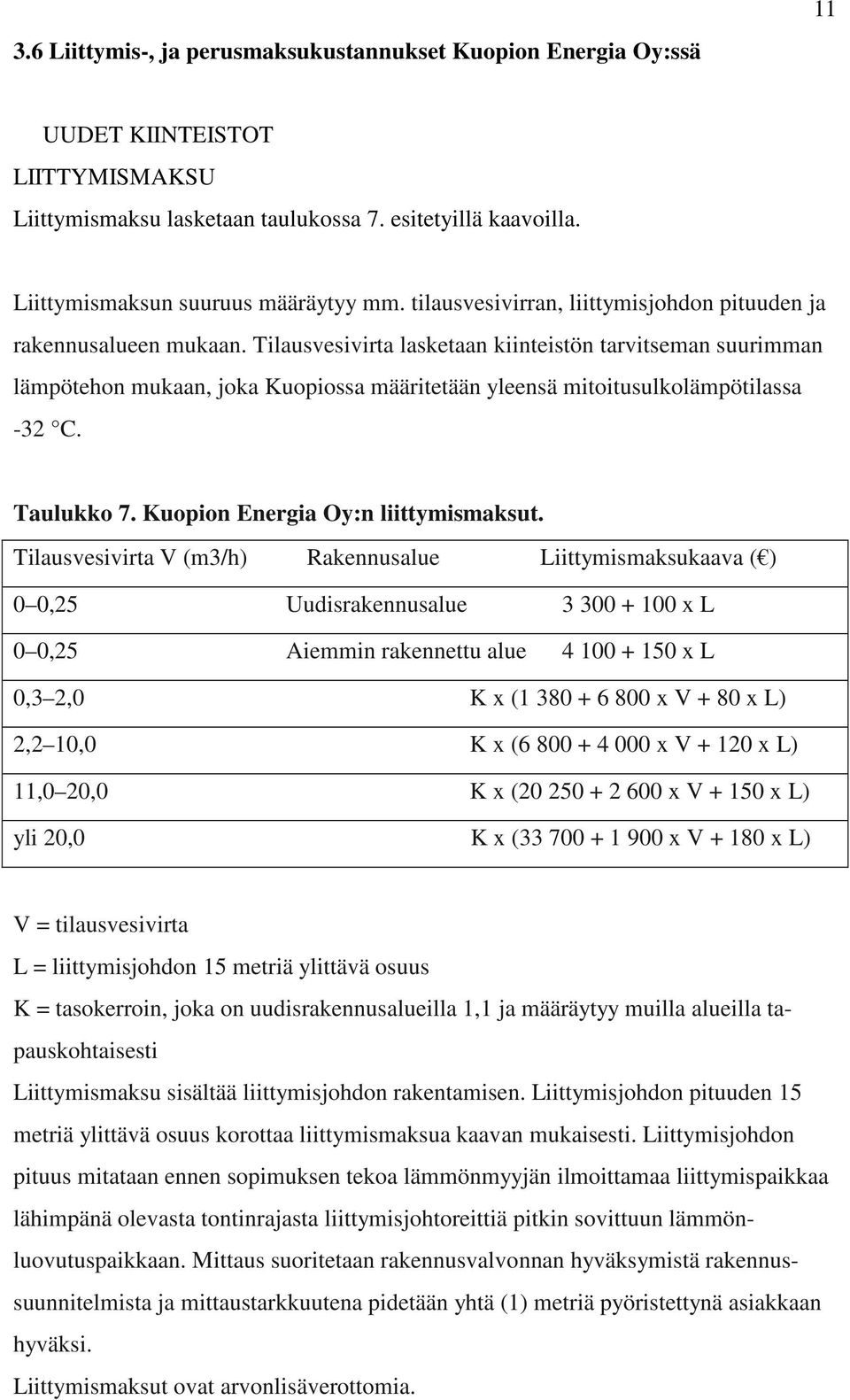 Tilausvesivirta lasketaan kiinteistön tarvitseman suurimman lämpötehon mukaan, joka Kuopiossa määritetään yleensä mitoitusulkolämpötilassa -32 C. Taulukko 7. Kuopion Energia Oy:n liittymismaksut.