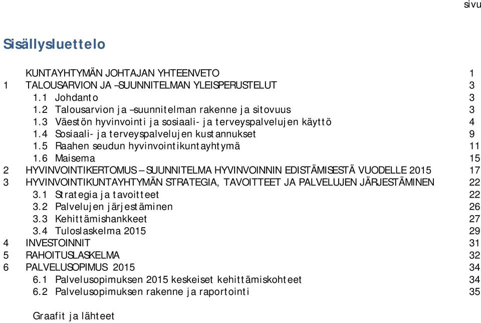 6 Maisema 15 2 HYVINVOINTIKERTOMUS SUUNNITELMA HYVINVOINNIN EDISTÄMISESTÄ VUODELLE 2015 17 3 HYVINVOINTIKUNTAYHTYMÄN STRATEGIA, TAVOITTEET JA PALVELUJEN JÄRJESTÄMINEN 22 3.