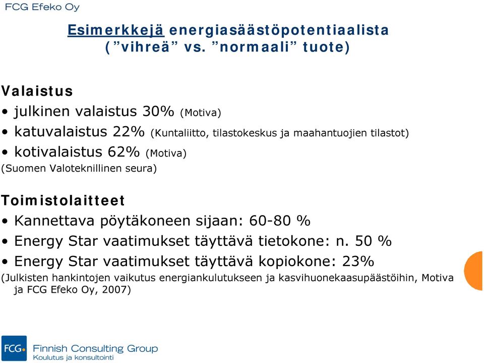 tilastot) kotivalaistus 62% (Motiva) (Suomen Valoteknillinen seura) Toimistolaitteet Kannettava pöytäkoneen sijaan: 60-80 %