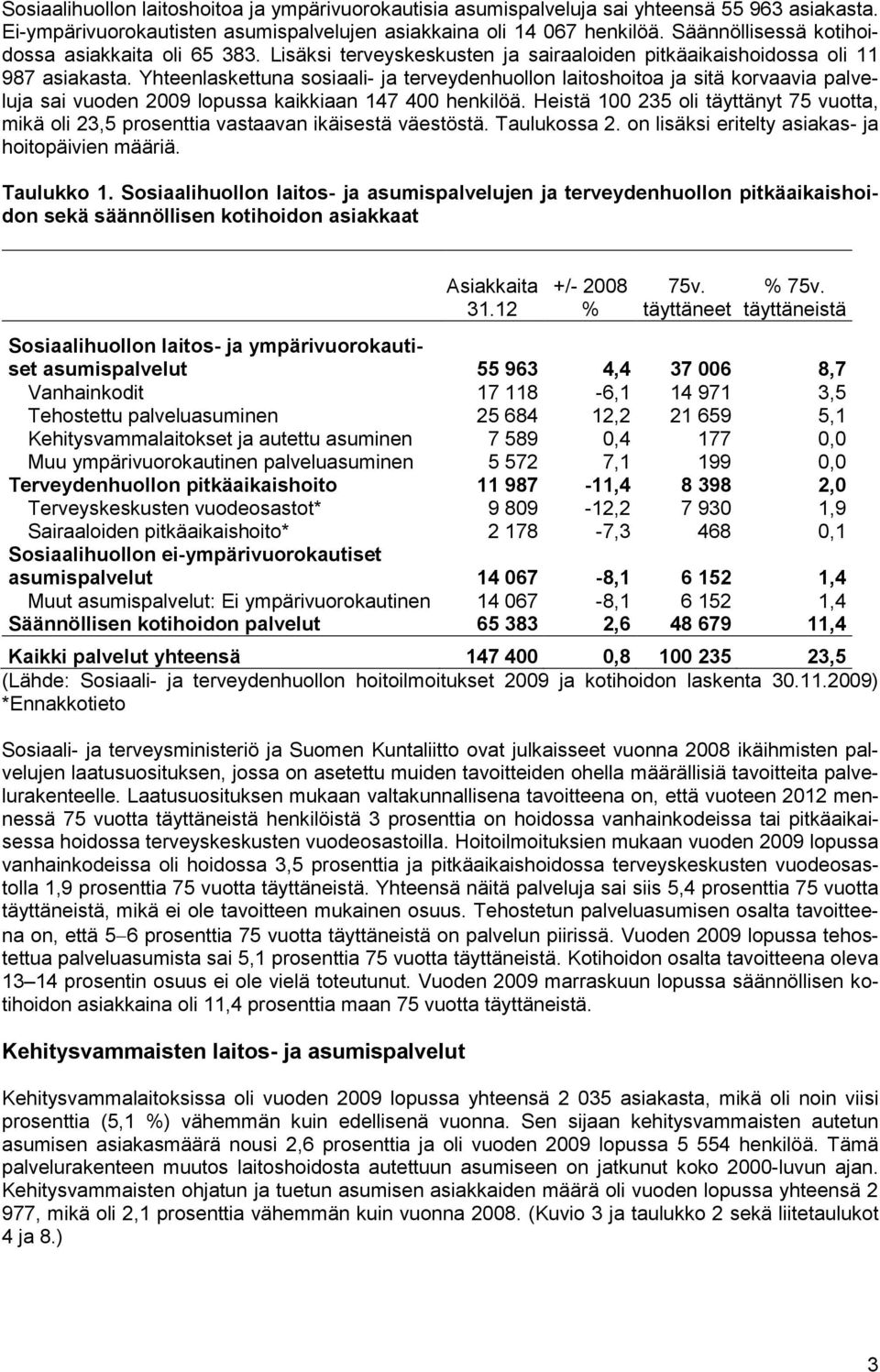 Yhteenlaskettuna sosiaali- ja terveydenhuollon laitoshoitoa ja sitä korvaavia palveluja sai vuoden 2009 lopussa kaikkiaan 147 400 henkilöä.