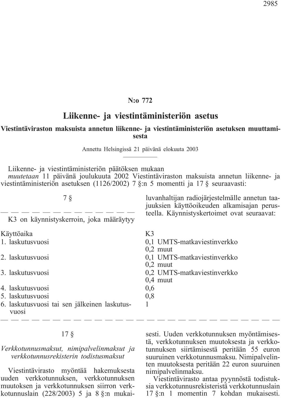 17 seuraavasti: 7 K3 on käynnistyskerroin, joka määräytyy luvanhaltijan radiojärjestelmälle annetun taajuuksien käyttöoikeuden alkamisajan perusteella.