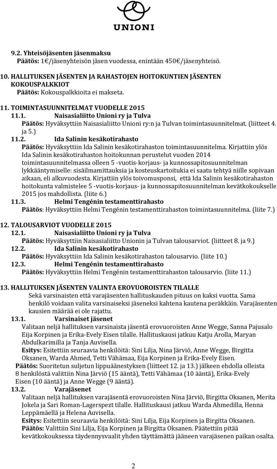 . TOIMINTASUUNNITELMAT VUODELLE 2015 11.1. Naisasialiitto Unioni ry ja Tulva Päätös: Hyväksyttiin Naisasialiitto Unioni ry:n ja Tulvan toimintasuunnitelmat. (liitteet 4. ja 5.) 11.2. Ida Salinin kesäkotirahasto Päätös: Hyväksyttiin Ida Salinin kesäkotirahaston toimintasuunnitelma.