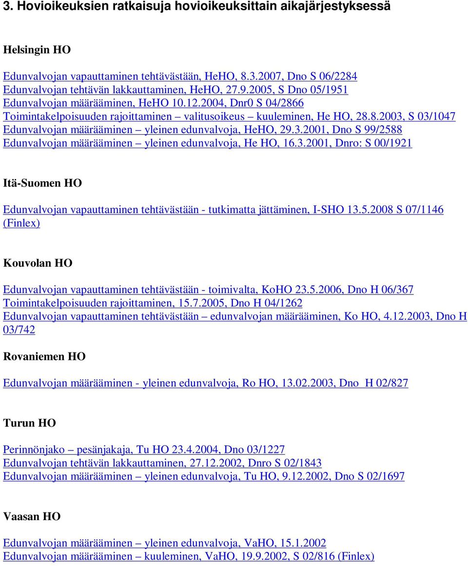 3.2001, Dno S 99/2588 Edunvalvojan määrääminen yleinen edunvalvoja, He HO, 16.3.2001, Dnro: S 00/1921 Itä-Suomen HO Edunvalvojan vapauttaminen tehtävästään - tutkimatta jättäminen, I-SHO 13.5.2008 S 07/1146 (Finlex) Kouvolan HO Edunvalvojan vapauttaminen tehtävästään - toimivalta, KoHO 23.