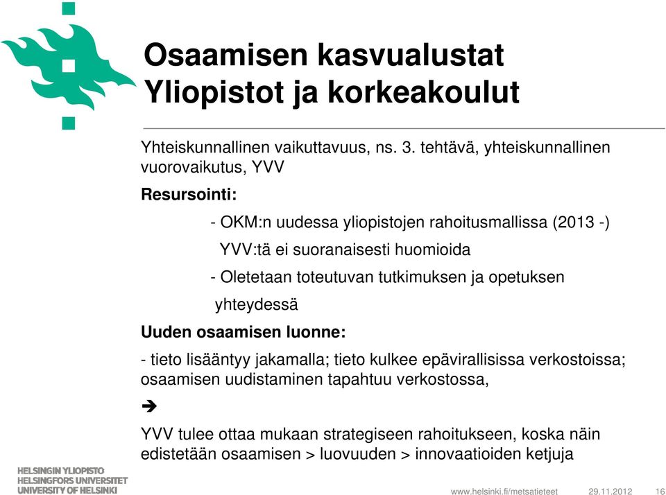 huomioida - Oletetaan toteutuvan tutkimuksen ja opetuksen yhteydessä Uuden osaamisen luonne: - tieto lisääntyy jakamalla; tieto kulkee