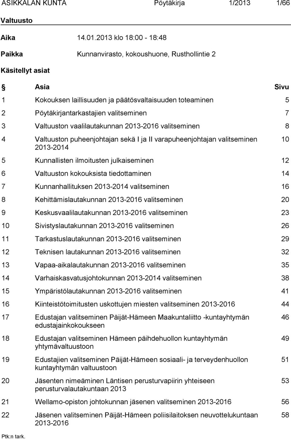 2013 klo 18:00-18:48 Paikka Kunnanvirasto, kokoushuone, Rusthollintie 2 Käsitellyt asiat Asia Sivu 1 Kokouksen laillisuuden ja päätösvaltaisuuden toteaminen 5 2 Pöytäkirjantarkastajien valitseminen 7