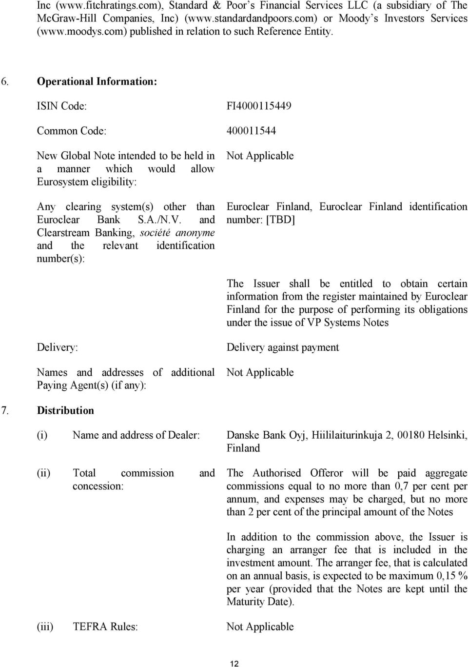 Operational Information: ISIN Code: FI4000115449 Common Code: 400011544 New Global Note intended to be held in a manner which would allow Eurosystem eligibility: Any clearing system(s) other than