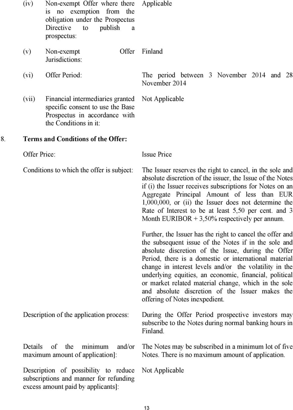 Terms and Conditions of the Offer: Offer Price: Conditions to which the offer is subject: Issue Price The Issuer reserves the right to cancel, in the sole and absolute discretion of the issuer, the