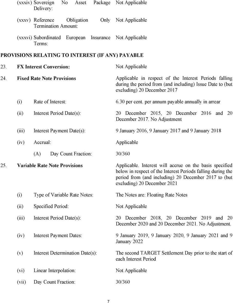 Fixed Rate Note Provisions Applicable in respect of the Interest Periods falling during the period from (and including) Issue Date to (but excluding) 20 December 2017 (i) Rate of Interest: 6.