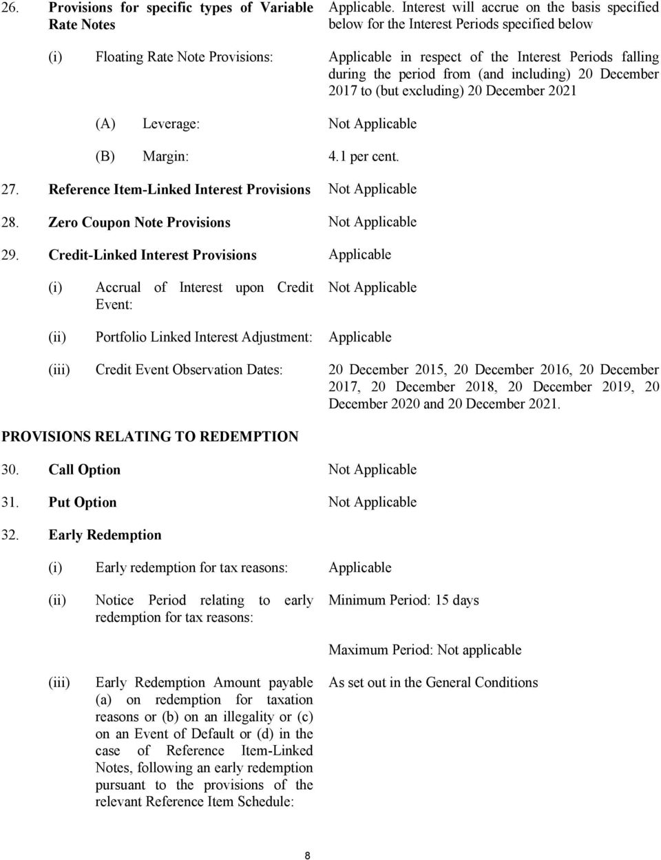 from (and including) 20 December 2017 to (but excluding) 20 December 2021 (A) Leverage: (B) Margin: 4.1 per cent. 27. Reference Item-Linked Interest Provisions 28. Zero Coupon Note Provisions 29.