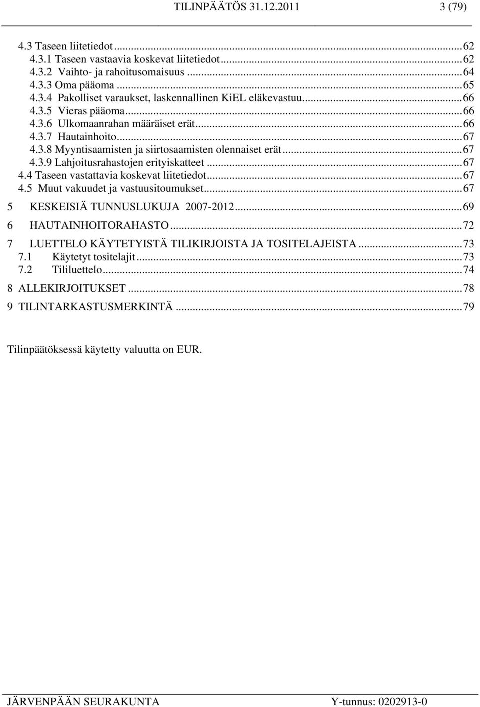 .. 67 4.4 Taseen vastattavia koskevat liitetiedot... 67 4.5 Muut vakuudet ja vastuusitoumukset... 67 5 KESKEISIÄ TUNNUSLUKUJA 2007-2012... 69 6 HAUTAINHOITORAHASTO.