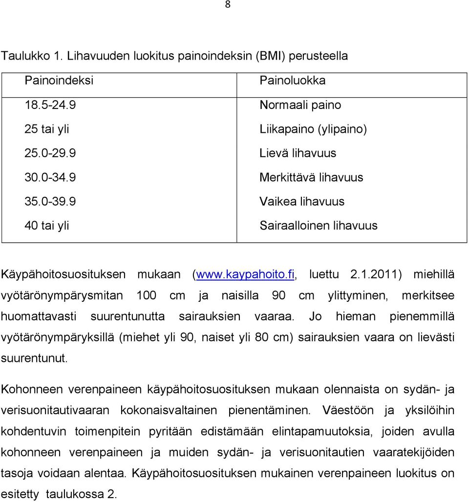 2011) miehillä vyötärönympärysmitan 100 cm ja naisilla 90 cm ylittyminen, merkitsee huomattavasti suurentunutta sairauksien vaaraa.