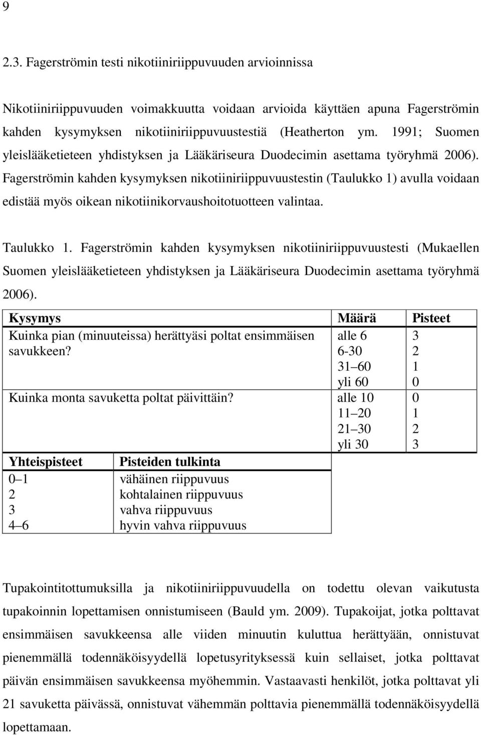 Fagerströmin kahden kysymyksen nikotiiniriippuvuustestin (Taulukko 1) avulla voidaan edistää myös oikean nikotiinikorvaushoitotuotteen valintaa. Taulukko 1.