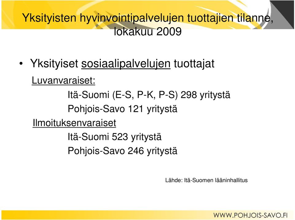 P-K, P-S) 298 yritystä Pohjois-Savo 121 yritystä Ilmoituksenvaraiset