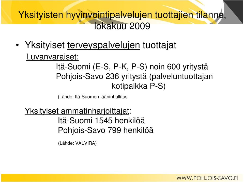 Pohjois-Savo 236 yritystä (palveluntuottajan kotipaikka P-S) (Lähde: Itä-Suomen