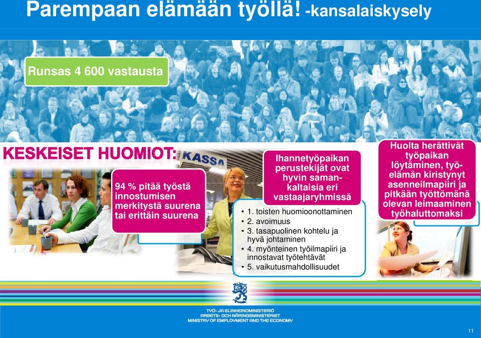 Ihannetyöpaikan perustekijät ovat hyvin samankaltaisia eri vastaajaryhmissä 1. toisten huomioonottaminen 2. avoimuus 3.