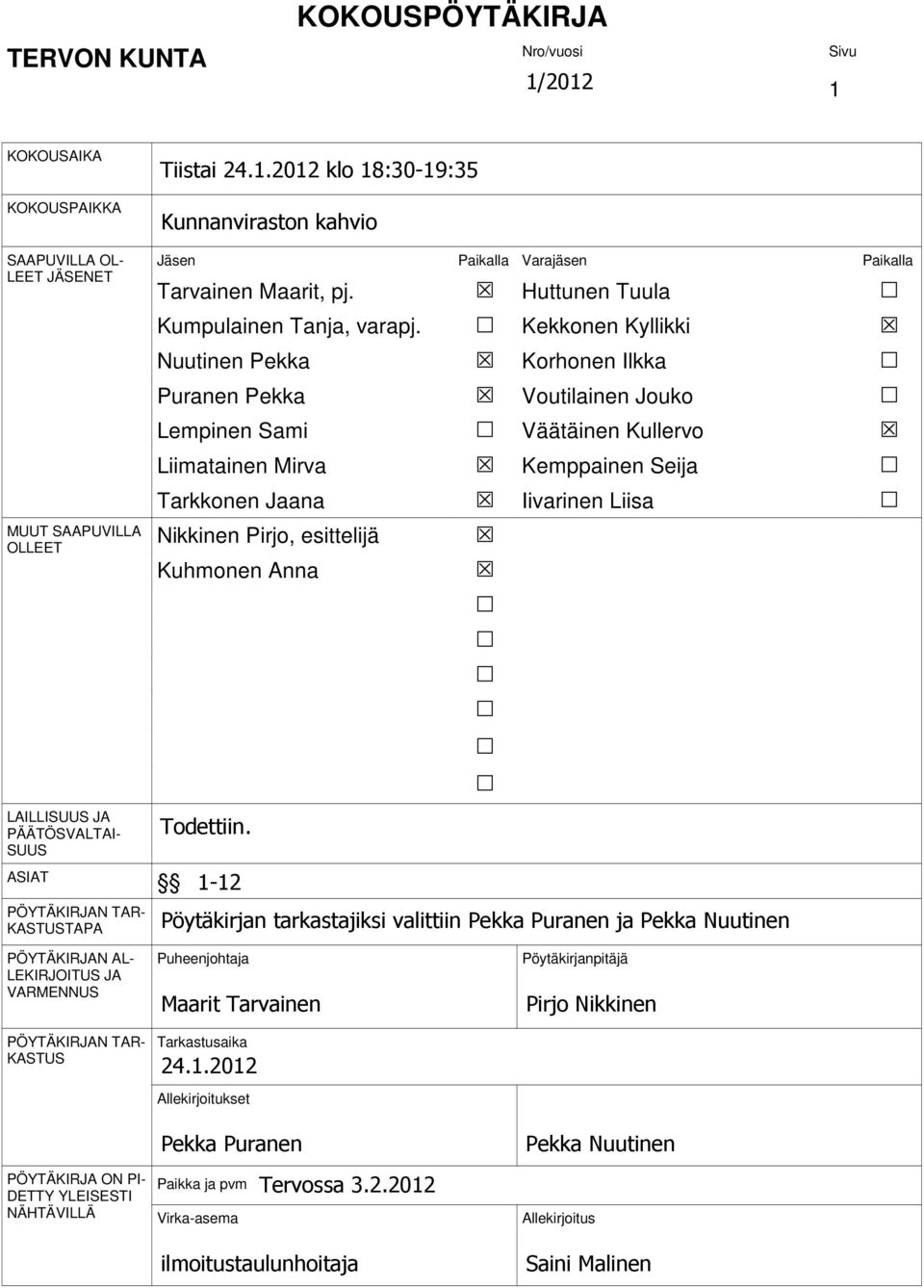 Kekkonen Kyllikki Nuutinen Pekka Korhonen Ilkka Puranen Pekka Voutilainen Jouko Lempinen Sami Väätäinen Kullervo Liimatainen Mirva Kemppainen Seija Tarkkonen Jaana Iivarinen Liisa Nikkinen Pirjo,