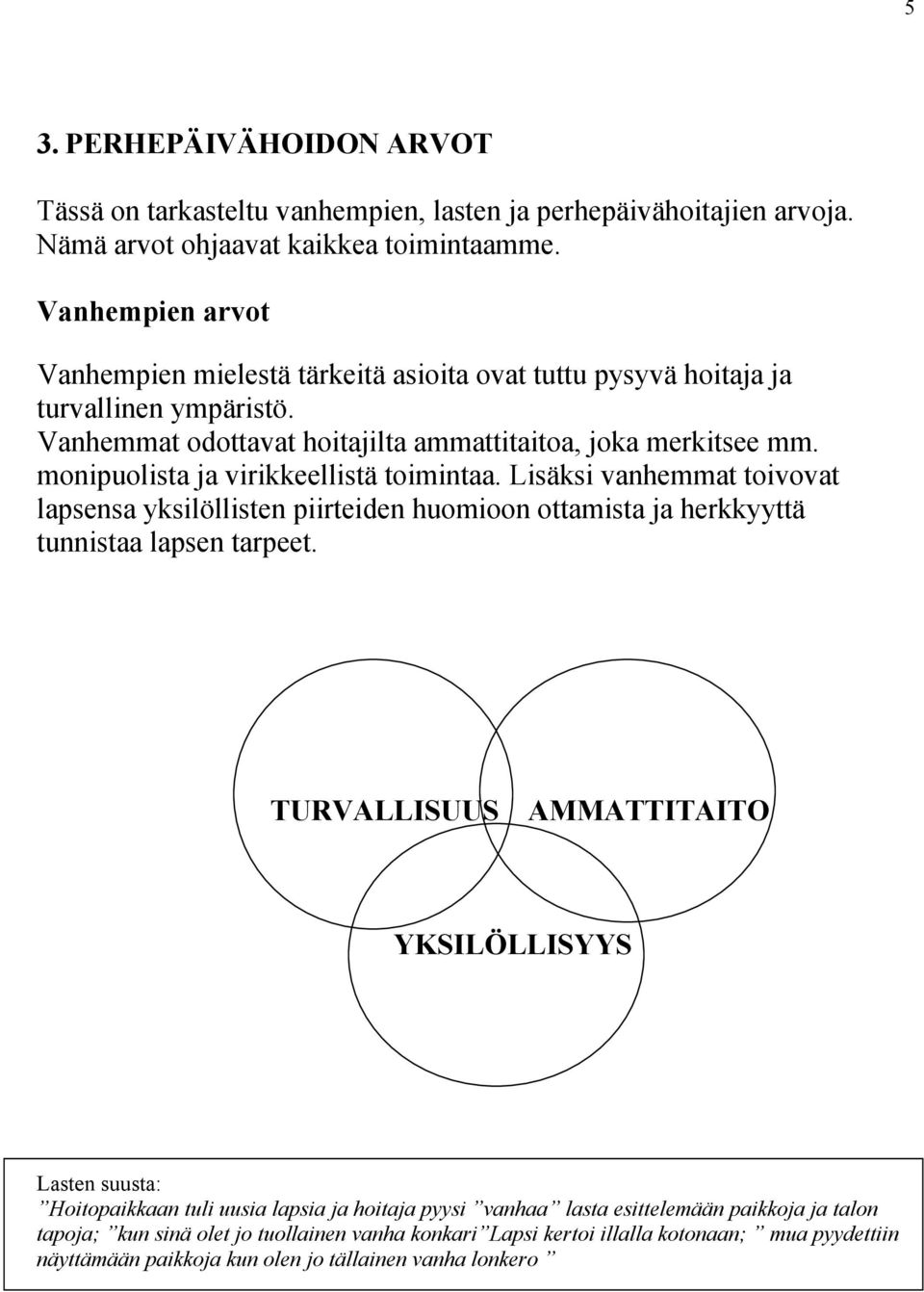 monipuolista ja virikkeellistä toimintaa. Lisäksi vanhemmat toivovat lapsensa yksilöllisten piirteiden huomioon ottamista ja herkkyyttä tunnistaa lapsen tarpeet.