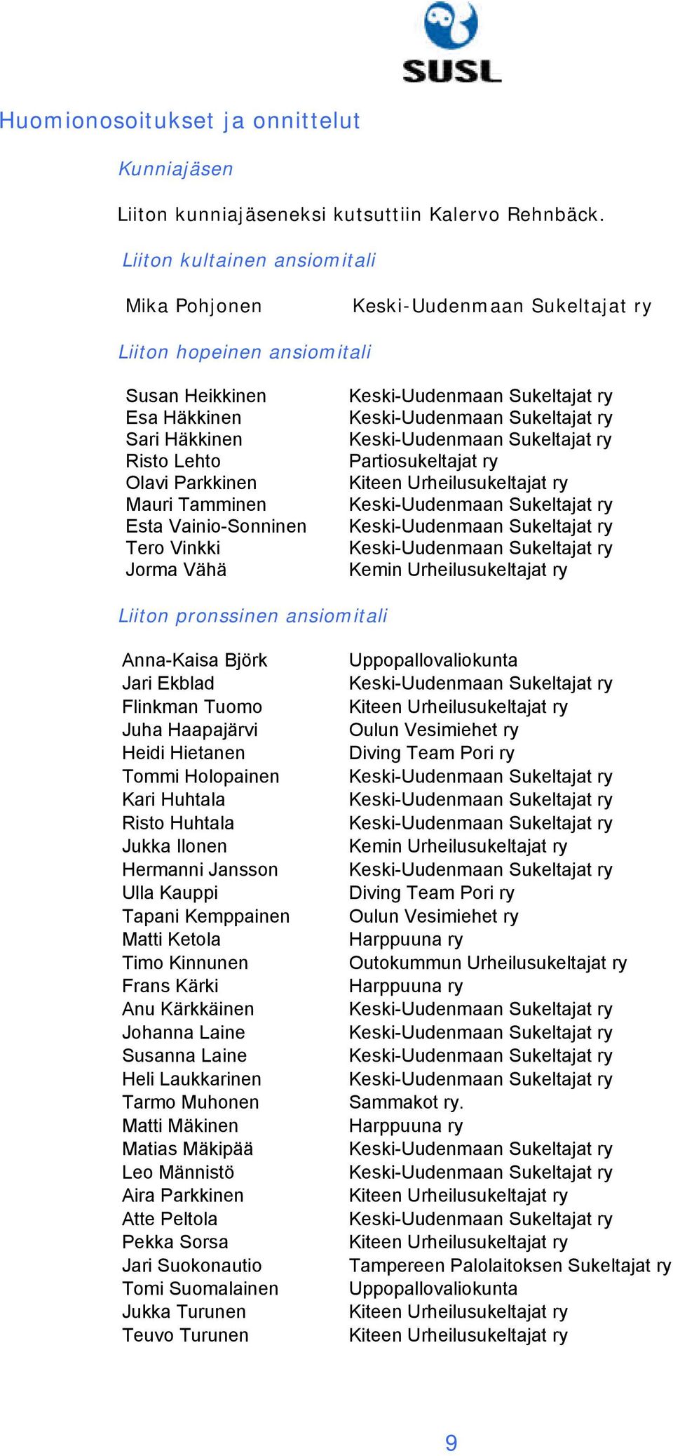 Vähä Partiosukeltajat ry Kiteen Urheilusukeltajat ry Kemin Urheilusukeltajat ry Liiton pronssinen ansiomitali Anna-Kaisa Björk Jari Ekblad Flinkman Tuomo Juha Haapajärvi Heidi Hietanen Tommi