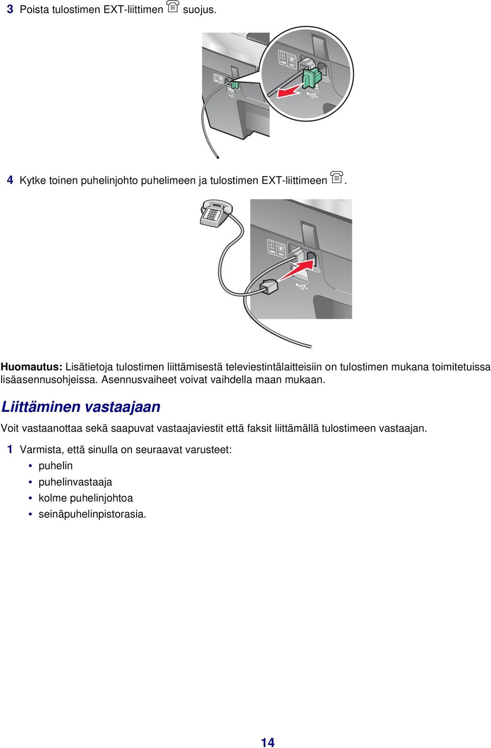 Huomautus: Lisätietoja tulostimen liittämisestä televiestintälaitteisiin on tulostimen mukana toimitetuissa lisäasennusohjeissa.