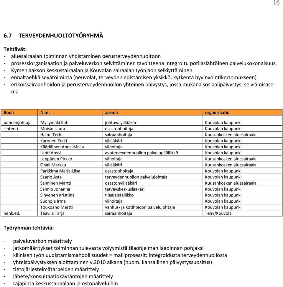 - Kymenlaakson keskussairaalan ja Kouvolan sairaalan työnjaon selkiyttäminen - ennaltaehkäisevätoiminta (neuvolat, terveyden edistämisen yksikkö, kytkentä hyvinvointikertomukseen) -