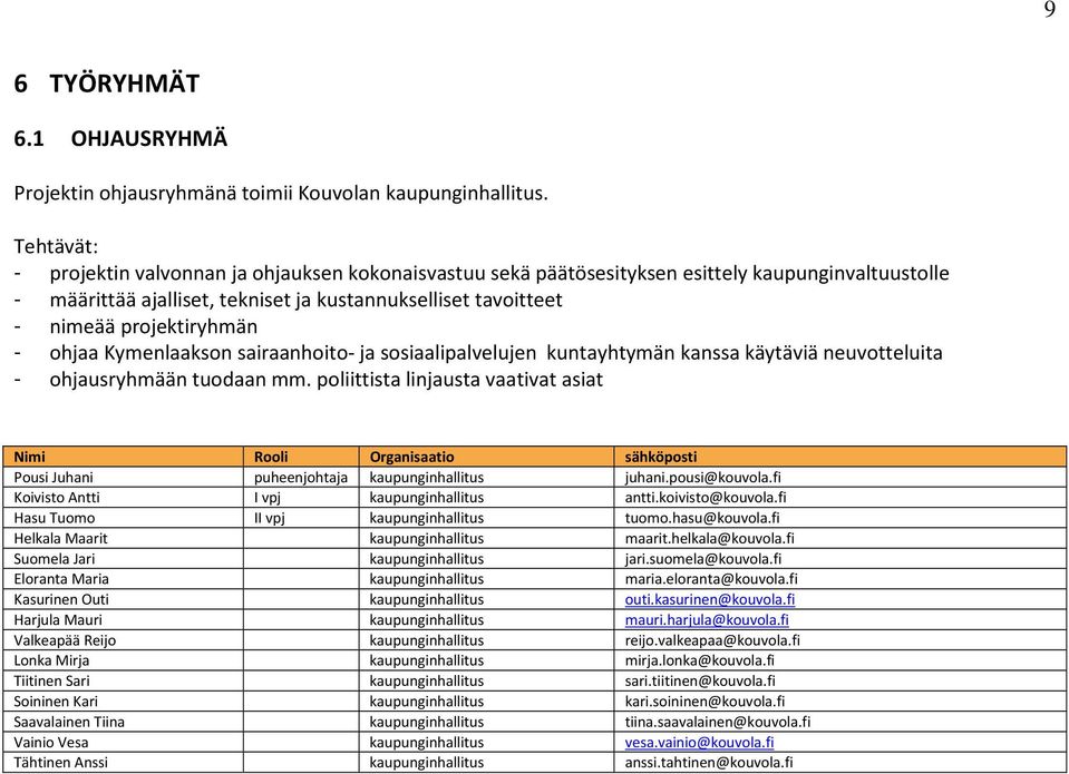 - ohjaa Kymenlaakson sairaanhoito- ja sosiaalipalvelujen kuntayhtymän kanssa käytäviä neuvotteluita - ohjausryhmään tuodaan mm.